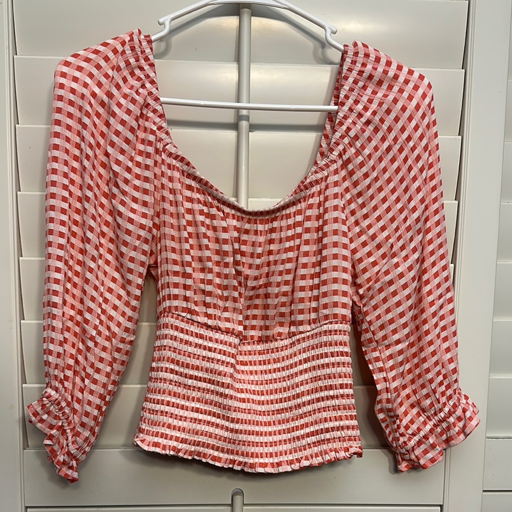 White and Coral Puff Sleeve Smocked Blouse